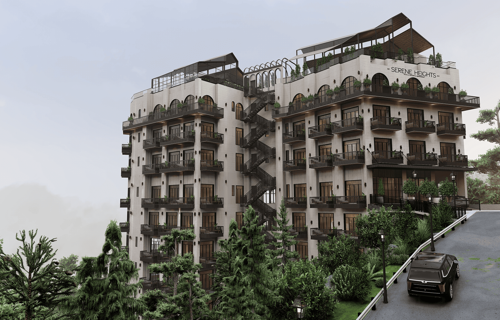 Resort exterior with mountain landscape